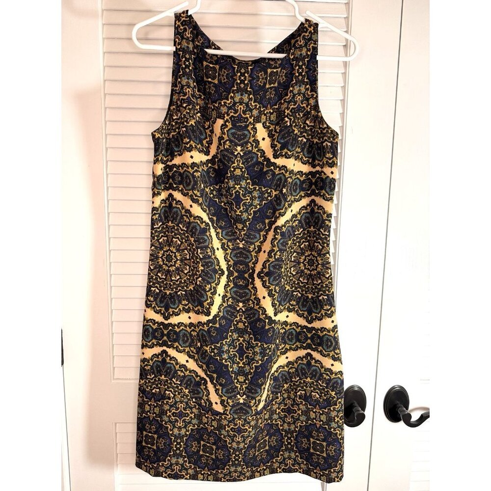 Vince Camuto Dress Size 6 Gold Navy Baroque Print Sheath Career Cocktail NWT